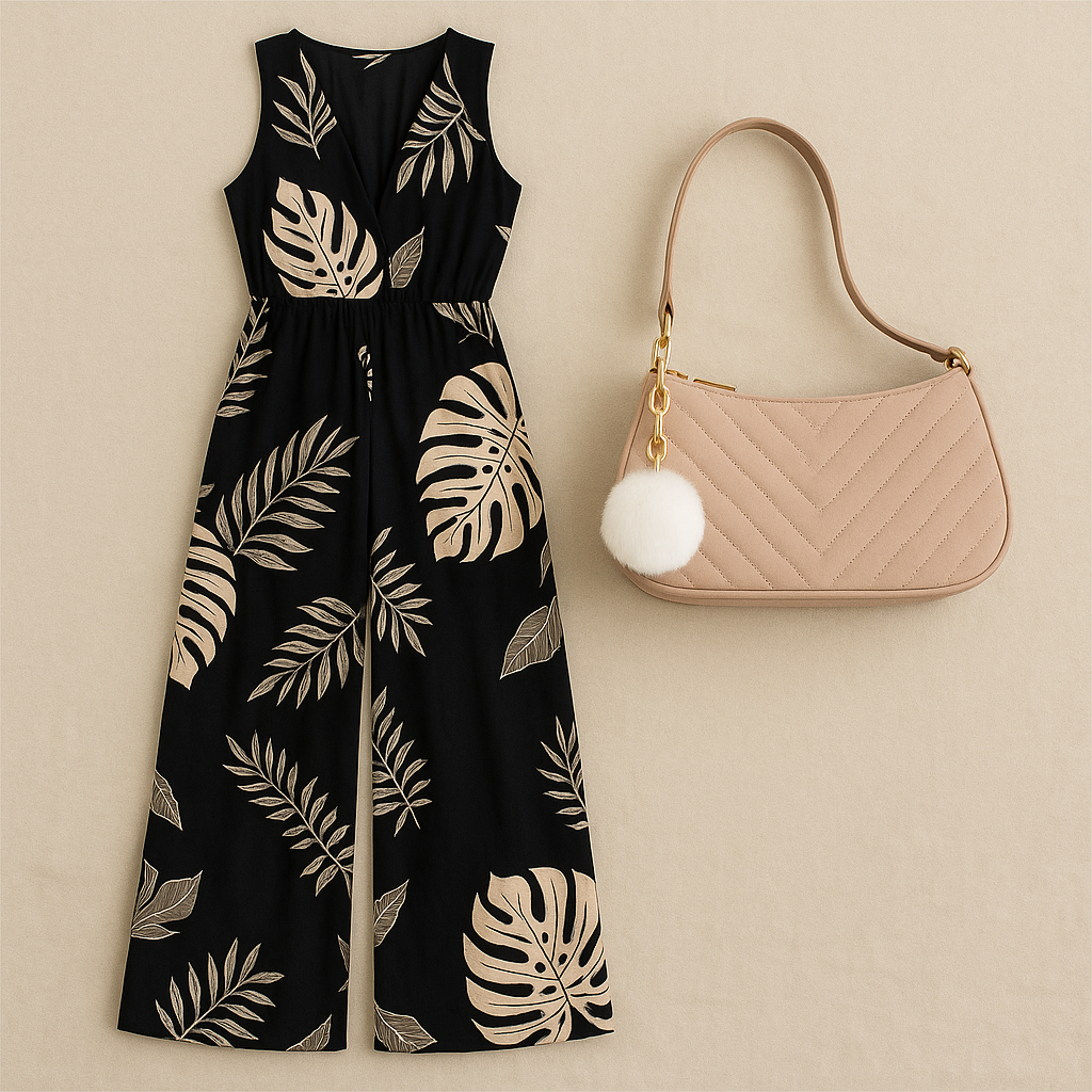 Tropischer Damen-Jumpsuit mit Gratis-Handtasche