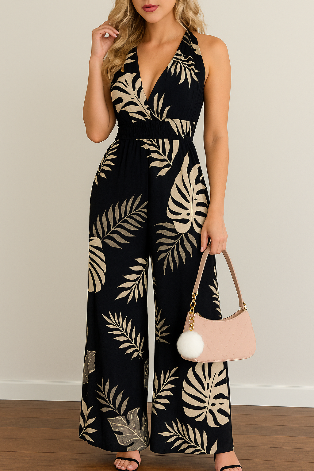 Tropischer Damen-Jumpsuit mit Gratis-Handtasche